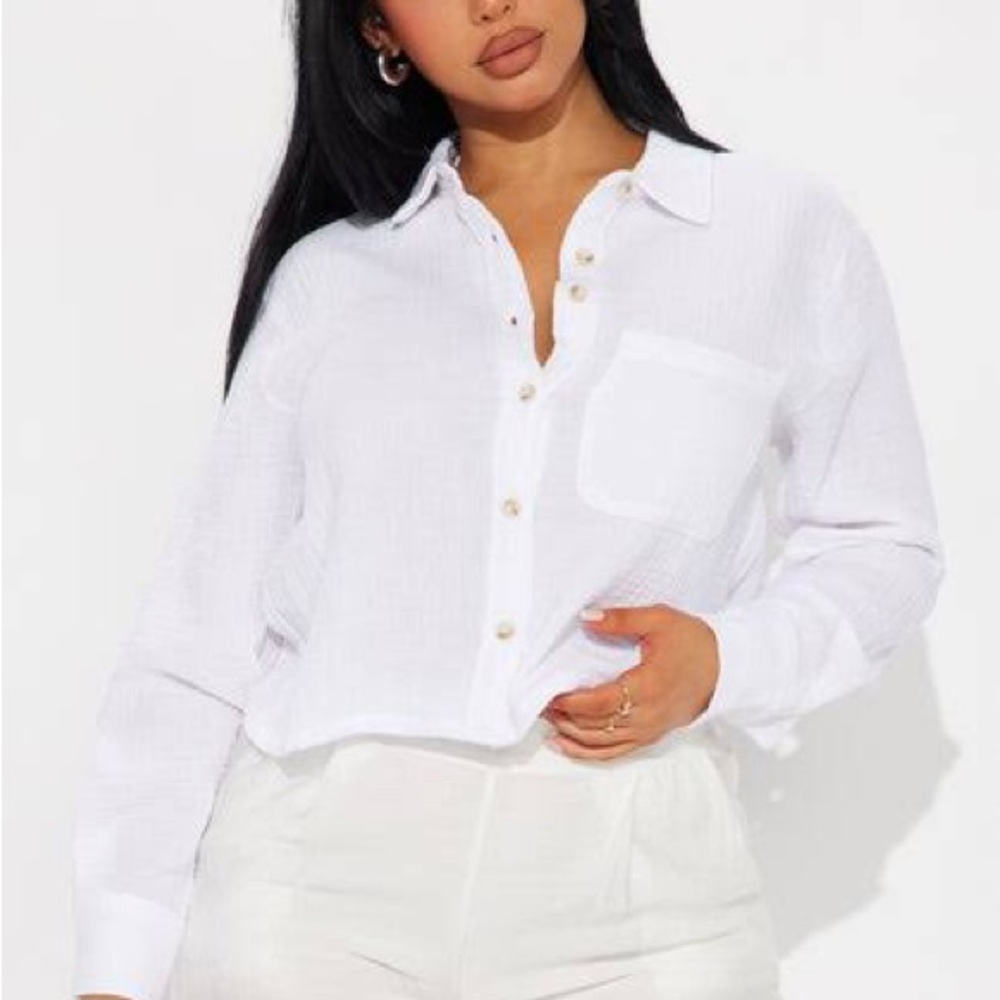 Fashion Nova White Gauze Button-Down Collared Shirt